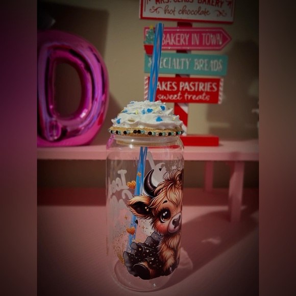 16oz. Glass Mini cow Iced Coffee Addict Cup with whipped topper - Picture 1 of 8